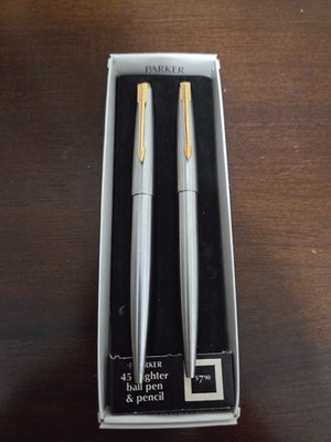 Vintage Parker 45 Flighter USA Stainless Steel Ballpoint Pen Set New Old Stock