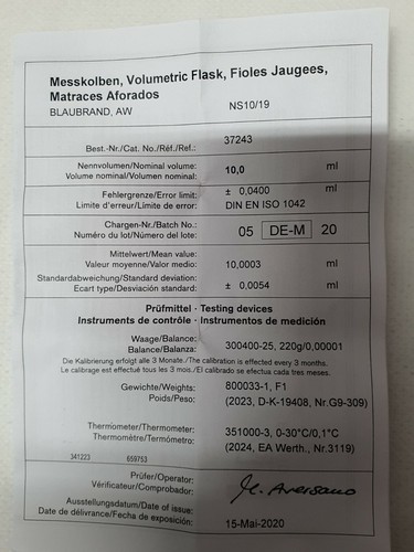 BRAND BLAUBRAND volumetric flask volume 10 mL, accuracy: 0.04 mL NS 10/19 37 - Picture 3 of 4