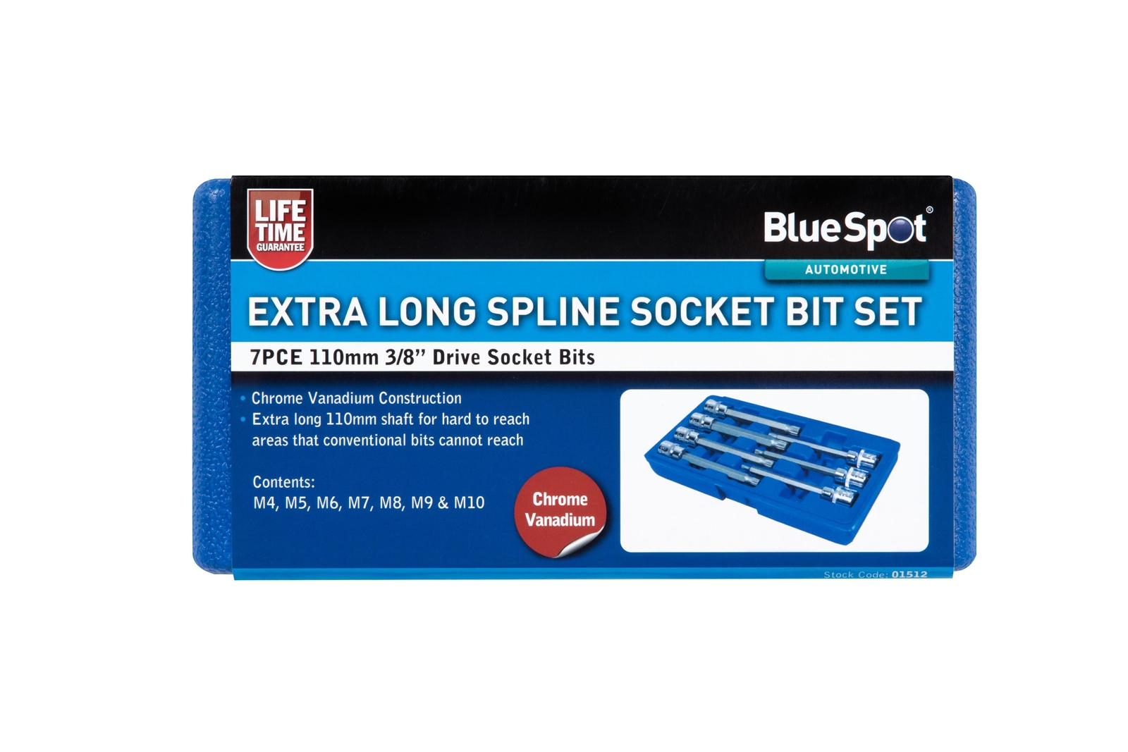 Blue Spot 01512 7 Piece 3/8"" Extra Long Spline Socket Bit Set (M4 -M10)