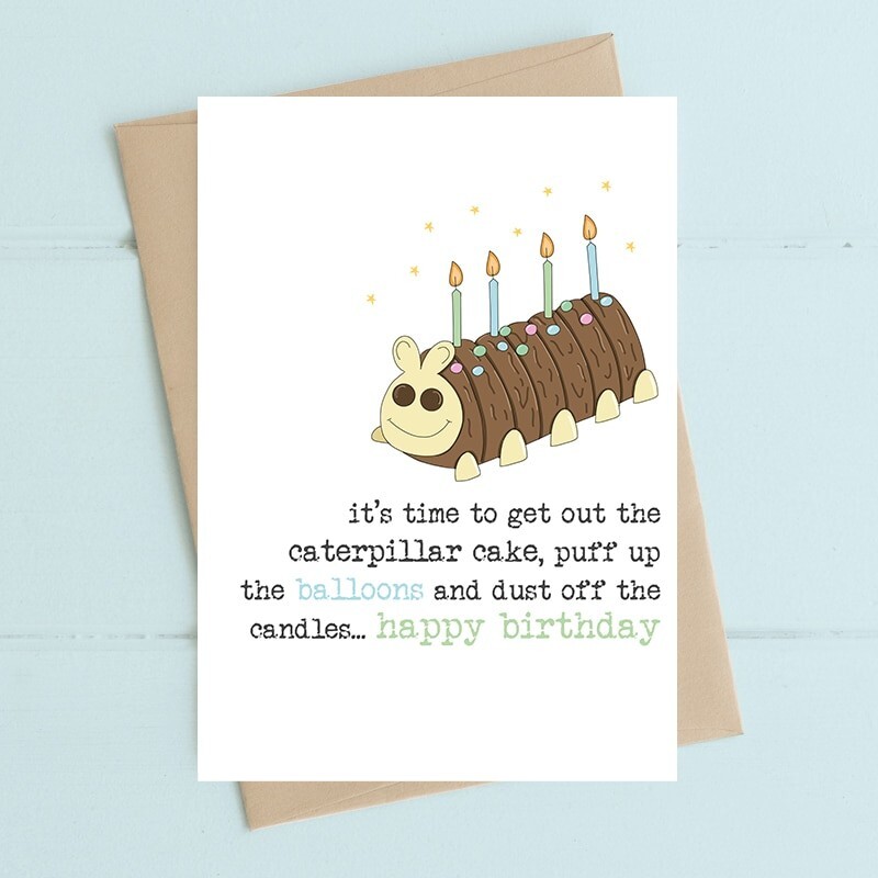 Funny Birthday Card Caterpillar Cake - Dandelion Illustrated Blank Greeting Card