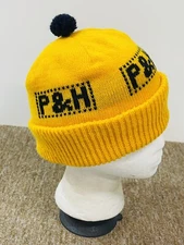P & H Harnischfeger Vintage Winter Hat Pom Pom Yellow Toque Beanie