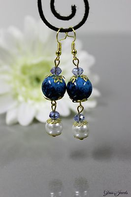 Glass Jewels Gold Earrings Ear Pendants Noble Pearls Blue White #D038