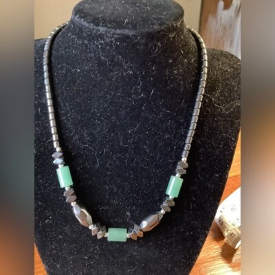VINTAGE Hematite And Jade Beaded Necklace 16  Long