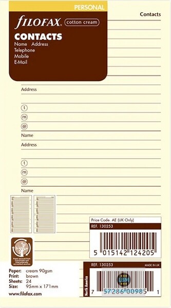Filofax Personal size Cotton Cream Contacts (Name Address) Notepaper 130253