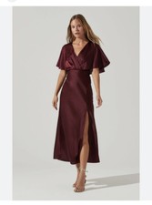 ASTR the Label Alessia Satin Flutter sleeve midi dress Wine Size XS
