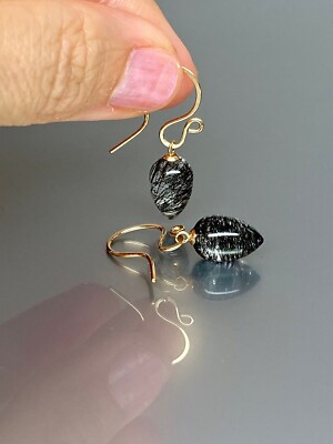 18K Gold Fill Black Rutil Teardrop Hangle Earrings in Solid 925 Sterling Silver