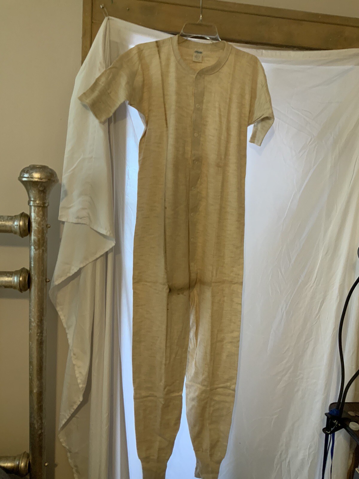 Vintage Sears White Union Suit USA Pilgrim Trap Door M Long Johns