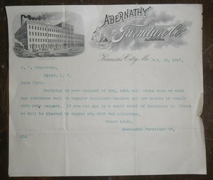 1897 Letterhead Kansas City Missouri Abernathy Furniture Company
