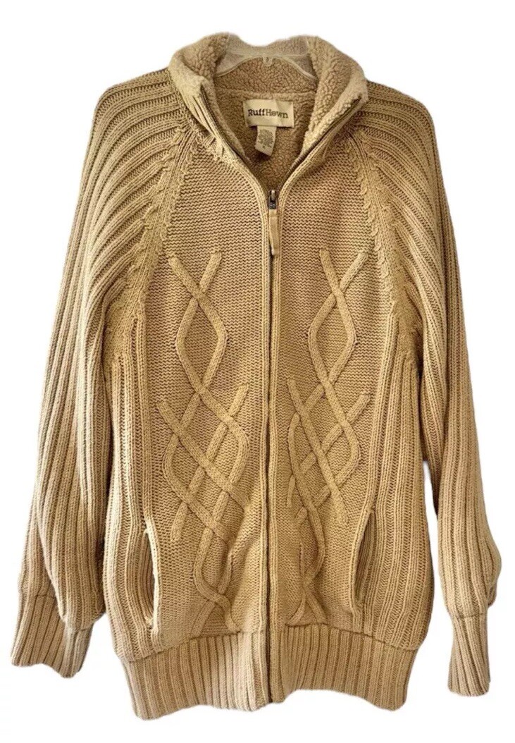 VTG Cableknit Cardigan Jacket XL Lined Sherpa Camel Brown Pockets Grandpa