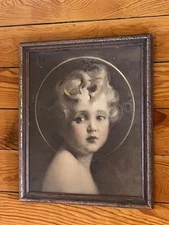 Vintage Sepia Cute Curly Haired Child w Rosy Cheeks Print in Wood Frame Under Gl