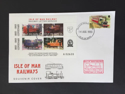 GB ISLE OF MAN 1993 RAILWAY LETTER SERVICE MIN SHEET TIED TO SOUV. FDC COVER