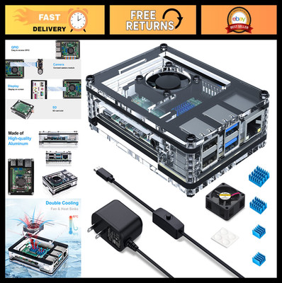 Raspberry Pi 4 Case with Cooling Fan & Power Supply, 4 Aluminum Heatsinks, 8GB/4