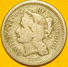 1865 U.S. 3-CENT THREE CENT NICKEL COIN (Great Details!)