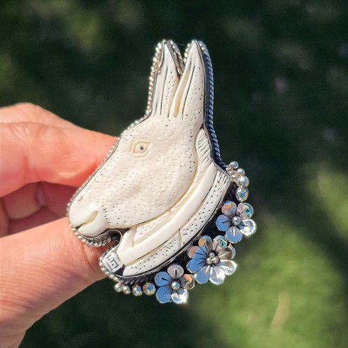 Whimsical Fun Hand Carved Large Donkey Head with Flowers Ring Adjustable Unique