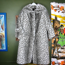 Vintage 60s 70s Snow Leopard Faux Fur Coat Made in England Sz 12 Mod Mob coat