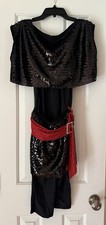 Adult Med Black Capri Unitard w Top  Skirt w Red Attached Belt Jazz Tap Costume