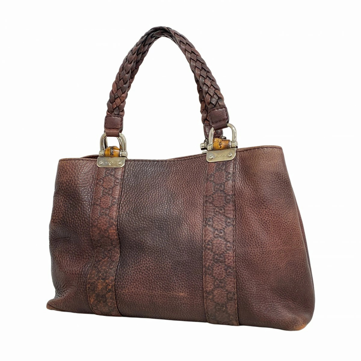 Gucci Guccissima Bamboo Leather Tote Bag Brown Silver