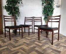 Set Of 4 Vintage Mid-Century Teak & Black Vinyl Dining Chairs Scandi Retro MCM