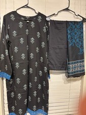 New Branded Pakistani Shalwar Kameez Black Stitched Lawn Large to XL 3 Piece