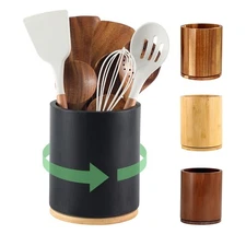 Wooden Utensil Holder, 360°Rotating 7.3'' Large Utensil Holder for Kitchen Co...