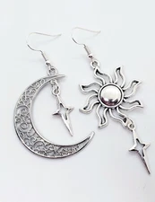 Celestial Jewelry Silver Moon Sun Star Mismatch Asymmetric Dangle Earrings