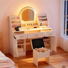 47" LED Mirror Vanity Desk Makeup Dressing Table w Stool Cosmetics Racks 3Drawer