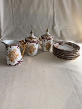 Vintage Porcelain Tea Set Gold Floral Burgundy - Creamer, Sugar Jars, Saucers