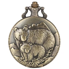 Quartz Pocket Watch Bear Baby Necklace Chain Polar Bear Figure Gift Bronze Style