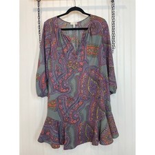 14TH & Union Dress 3/4 Sleeve V-Cut Neck Ruffle Multi-Color Relaxed Fit Size S