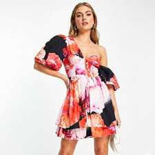 ASOS LUXE Floral Off-Shoulder Ruffle Puff Short Sleeve Mini Dress Womens 6