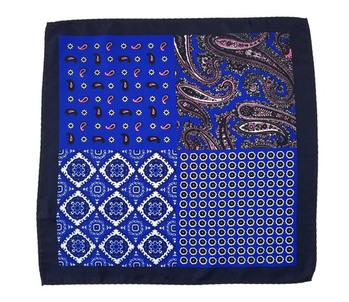 NUOVO - 100% quadrato tascabile seta - paisley blu navy e rosa e medaglioni blu reale 12,5 - Foto 6 di 6
