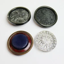 4 Vintage Buttons, 2 Textured, 1 Rhinestone, 1 Celluloid. Round Shank & Tunnel