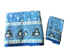 Penguin Bath Towel Set Blue Snowflake Holiday Design Welspun 100% Cotton