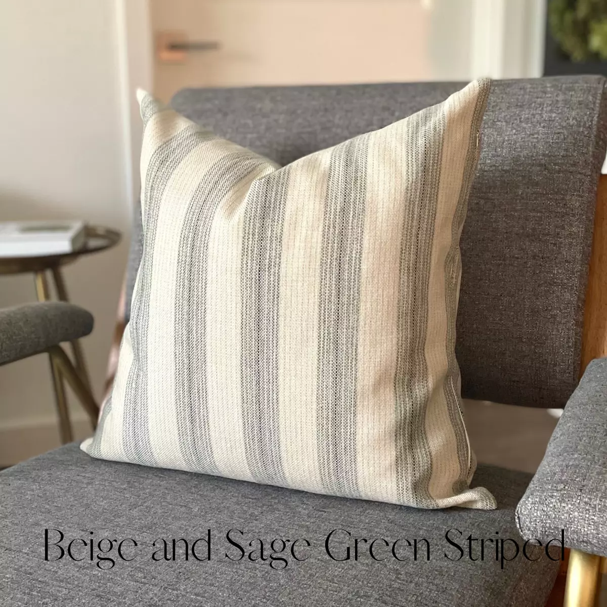 Pillow Cover Beige and Sage Green Stripe Modern Farmhouse 18x18 and 20x20