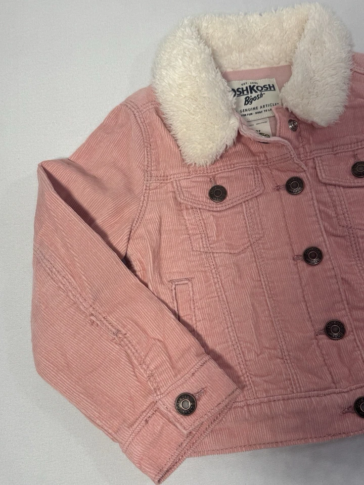 Chaqueta de pana rosa OshKosh imitación cuello de piel de sherpa forrada a presión niñas 3T NUEVA Foto 4 de 4