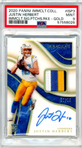 PSA 9 2020 Immaculate Justin Herbert 4 Color Patch Auto Gold RC /25 Chargers