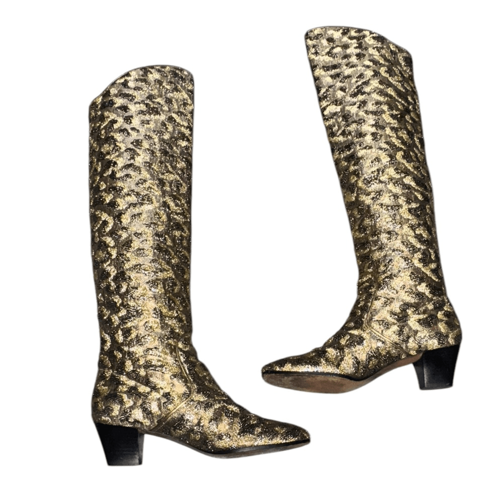 Stivali alti VINTAGE YVES SAINT LAURENT 1989 stampa animalier seta metallizzata taglia 8 5