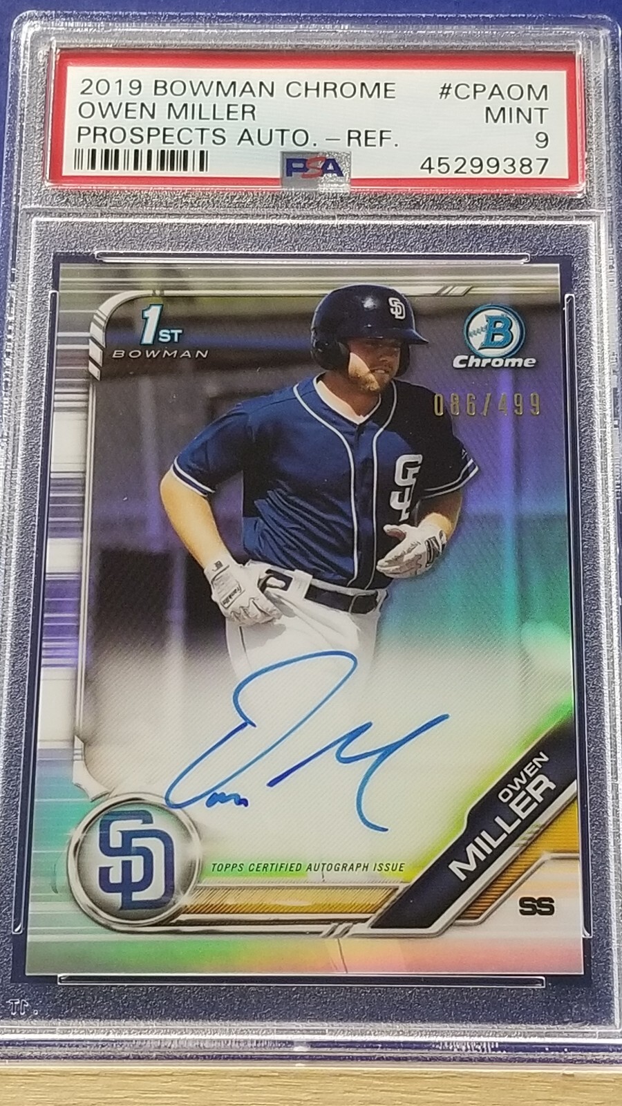 Owen Miller - 2019 Bowman Chrome Prospects Autograph Refractor PSA 9 #86/499