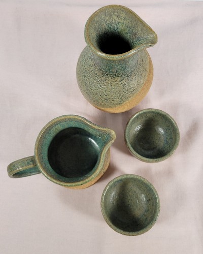 4 Piece Handcrafted Pottery Pitcher Decanter , Creamer and 2 small cups Set - Picture 5 of 6