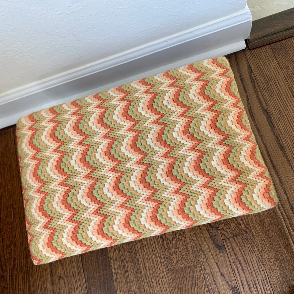 Vintage MCM Orange & Green Flame Stitch Needlepoint Wooden Foot Stool Foot Rest - Image 3 of 4