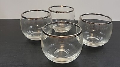 Roly Poly Silver Rim Bar Glasses Set of 4 Mid Century MCM  Barware 