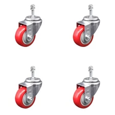 3 Inch Red Polyurethane Wheel Swivel 3/8 Inch Threaded Stem Caster Set SCC