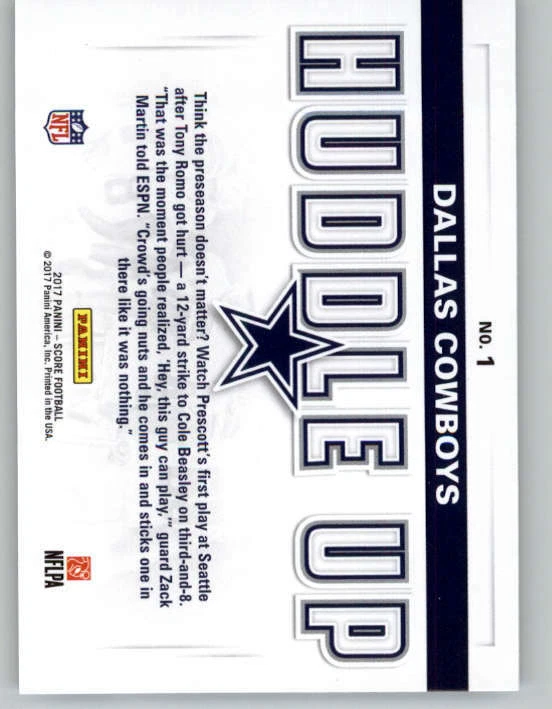 2017 Score Huddle Up #1 Dak Prescott (ref 149727) - Image 2 of 2