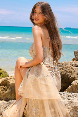 Embroidered Lace Bodice Side Slit Satin Skirt Long Prom Dress | eBay