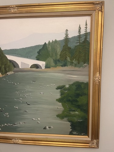 ABERDEEN SCOTLAND PONTE PITTURA AD OLIO 28x33 VINTAGE INCORNICIATO IN ORO ALBERO SCAPPATOIO ACQUA - Foto 4 di 6