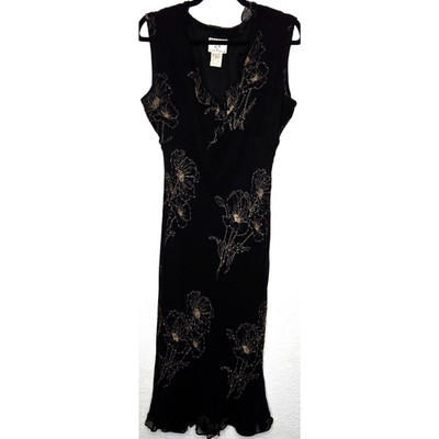Vintage Y2K Dress Womens 10 Black Silk Floral Beaded Ruffle Boho Midi Whimsigoth