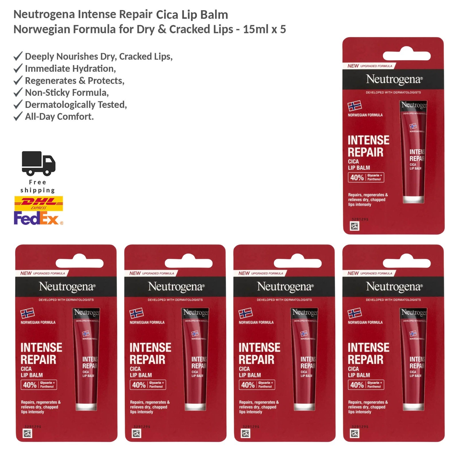 Neutrogena Intense Repair Cica Lippenbalsam für Trockene Lippen 5x15ml