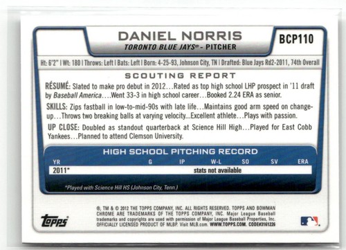 2012 BOWMAN #BCP110 DANIEL NORRIS CHROME PROSPECTS TORONTO BLUE JAYS - Picture 2 of 2
