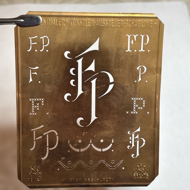 FP F P monogram initials letters copper stencil antique family tree name sign