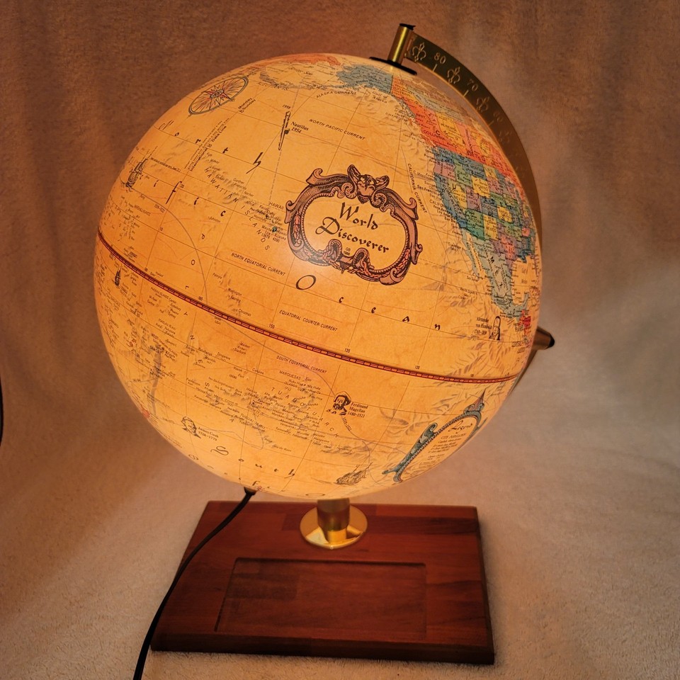 Vtg Scan-Globe Lighted A/S Denmark 12” World Discoverer 360° Tilting Wood Harig